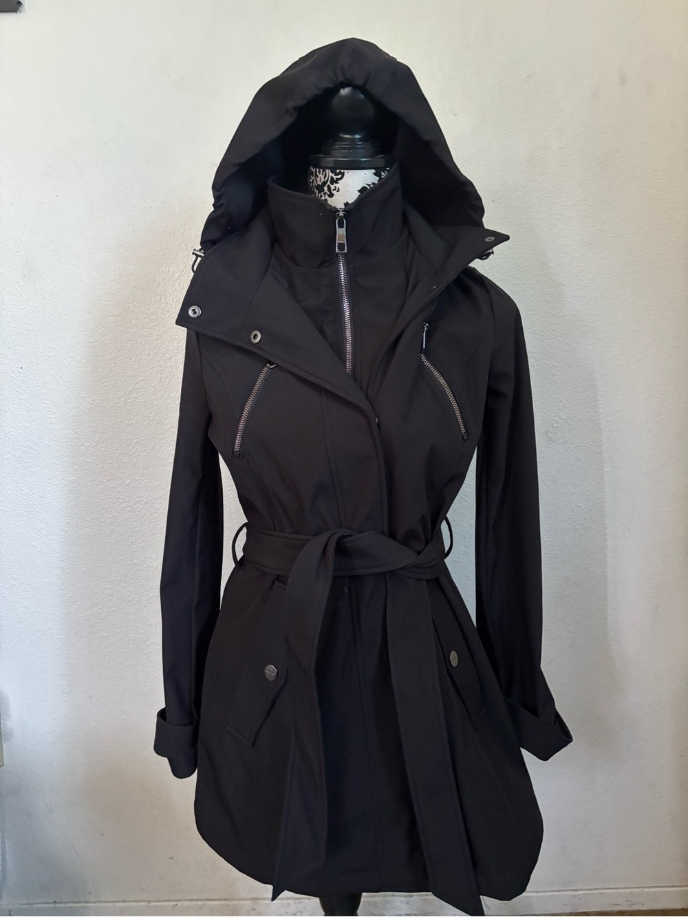 Nautica Black Hooded Trench Coat with Belt
